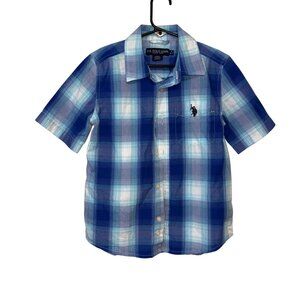 U.S. Polo Assn. Boys Blue Plaid Short Sleeve Button-Up Shirt S (6-7) Cotton